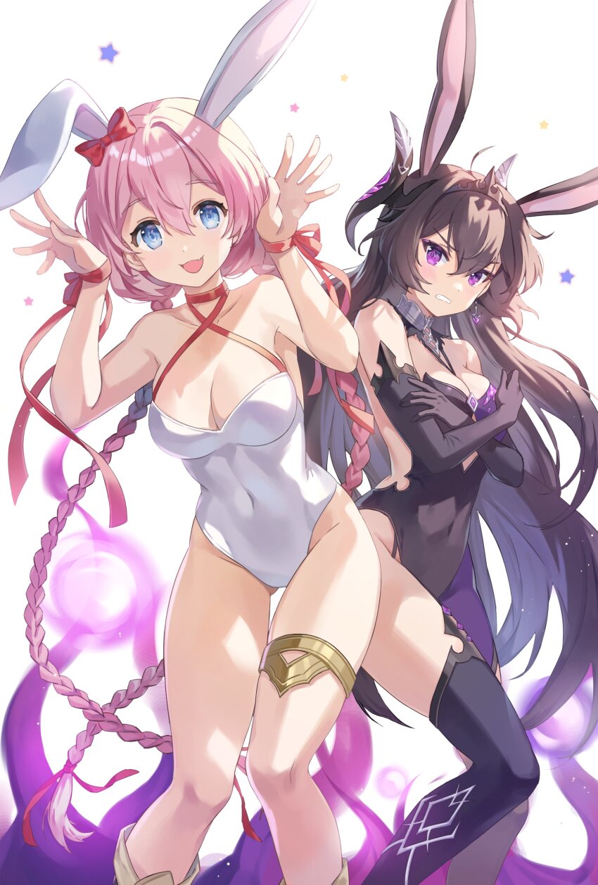 2girls, :d, absurdres, alternate_costume, animal_ears, asymmetrical_legwear, black_leotard, black_tiara