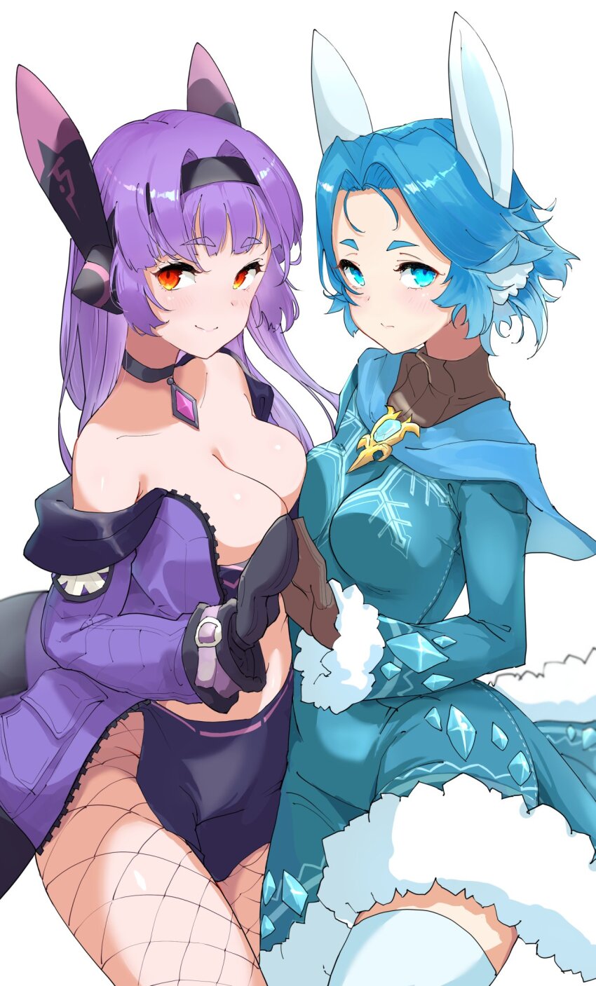 2girls, animal_ear_headwear, animal_ears, black_choker, black_hairband, black_mittens, blue_capelet, blue_eyes