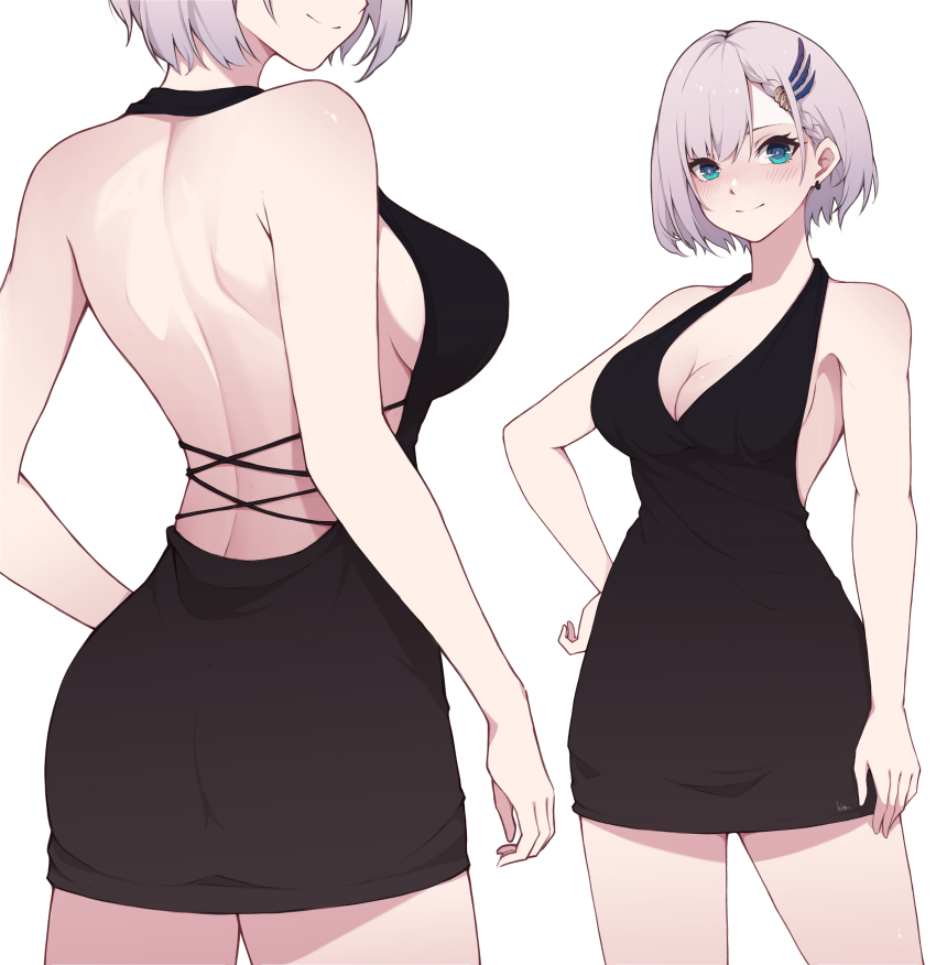 1girl, absurdres, arm_at_side, backless_dress, backless_outfit, bare_arms, bare_shoulders, black_dress