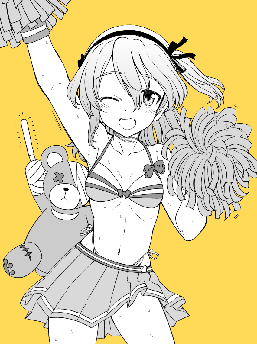 1girl, absurdres, arm_above_head, arm_up, bikini, bikini_top_only, bikini_under_clothes, boko_(girls_und_panzer)