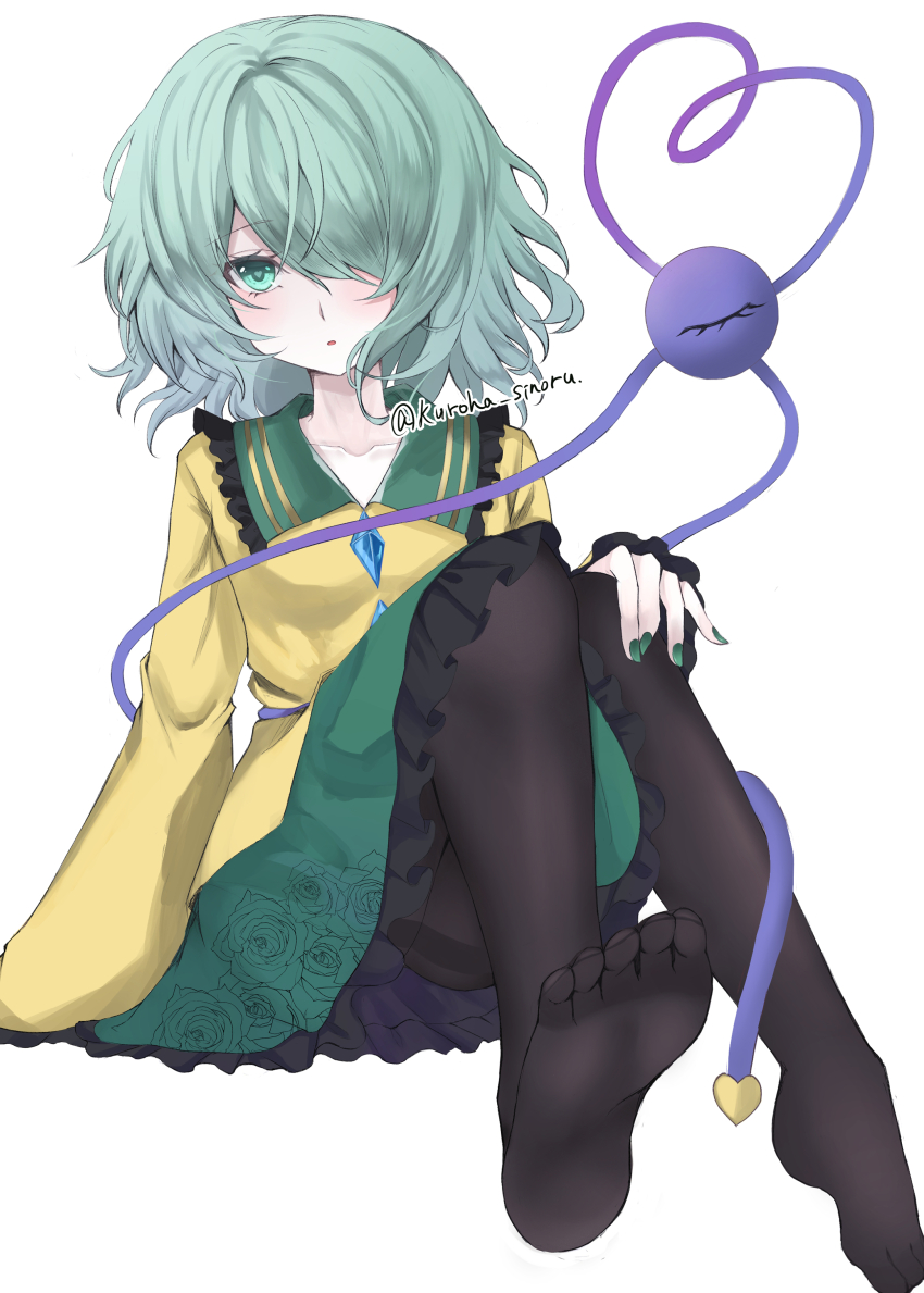 1girl, absurdres, black_pantyhose, commentary_request, feet, full_body, green_eyes, green_hair