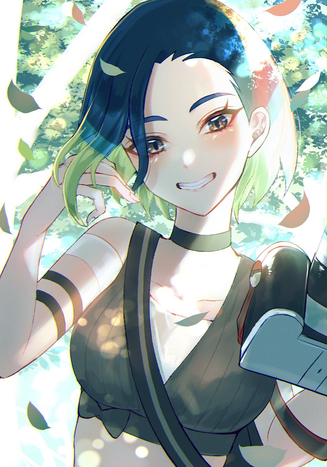 1girl, black_choker, black_hair, brown_eyes, camera, choker, commentary_request, eyelashes