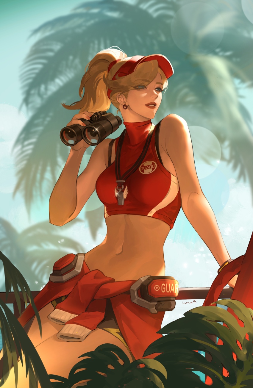 1girl, absurdres, arm_support, binoculars, blonde_hair, breasts, commentary, crop_top, earrings, highres, jewelry, lifeguard, lifeguard_mercy, lipstick, luna-9, makeup, medium_breasts, mercy_(overwatch), midriff, nail_polish, navel, official_alternate_costume, outdoors, overwatch, overwatch_2, ponytail, red_headwear, solo, untranslatable_commentary, tree, twitter_username, upper_body, whistle, whistle_around_neck