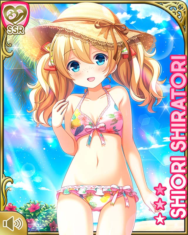 1girl, :d, aqua_eyes, bare_shoulders, beach, bikini, blonde_hair, blue_eyes, blush, card_(medium), character_name, collarbone, day, girlfriend_(kari), hair_ribbon, hat, jewelry, long_hair, ocean, official_art, open_mouth, outdoors, pink_bikini, qp:flapper, ribbon, shiratori_shiori, sky, smile, solo, standing, sun_hat, swimsuit, tropical, twintails, wavy_hair