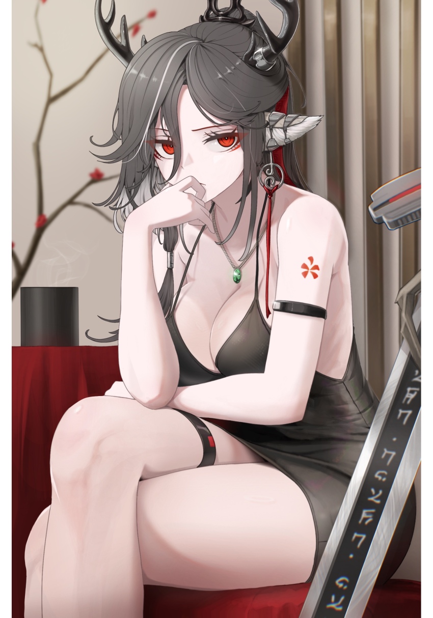 1girl, absurdres, animal_ears, antlers, arknights, armband, bare_shoulders, black_dress, black_hair, breasts, chain, chain_necklace, cleavage, covering_own_mouth, crossed_legs, deer_antlers, deer_ears, deer_girl, dress, earrings, gem, green_gem, hair_ornament, highres, horns, jewelry, large_breasts, long_hair, looking_at_viewer, mildt, necklace, qiubai_(arknights), red_eyes, sitting, solo, sword, thigh_strap, weapon