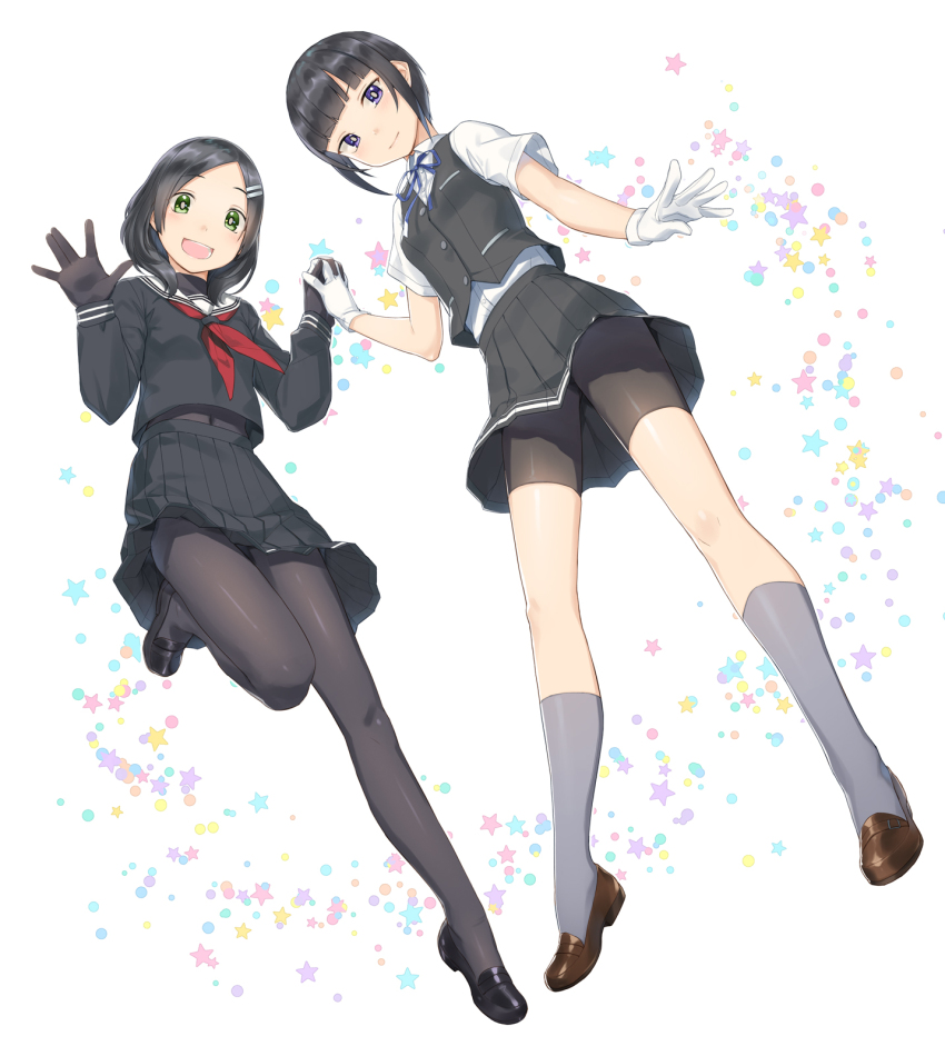 2girls, bike_shorts, black_footwear, black_gloves, black_hair, black_pantyhose, black_serafuku, black_shirt