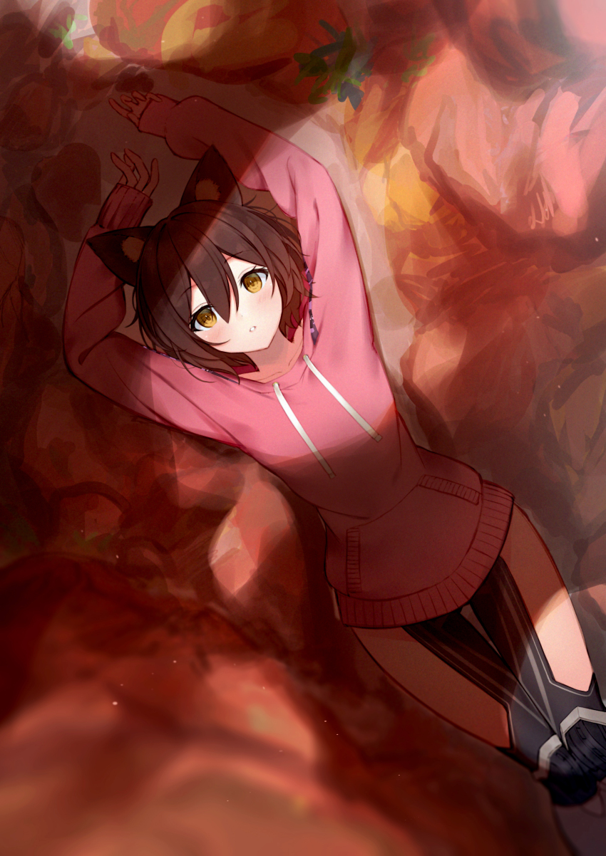 1girl, absurdres, arms_up, brown_eyes, brown_hair, cat, collarbone, cyborg, hair_between_eyes, highres, hololive, hood, hood_down, hoodie, lying, mechanical_legs, nmokhahi, no_pants, on_back, pink_hoodie, roboco-san, roboco-san_(hoodie), shadow, short_hair, solo, virtual_youtuber