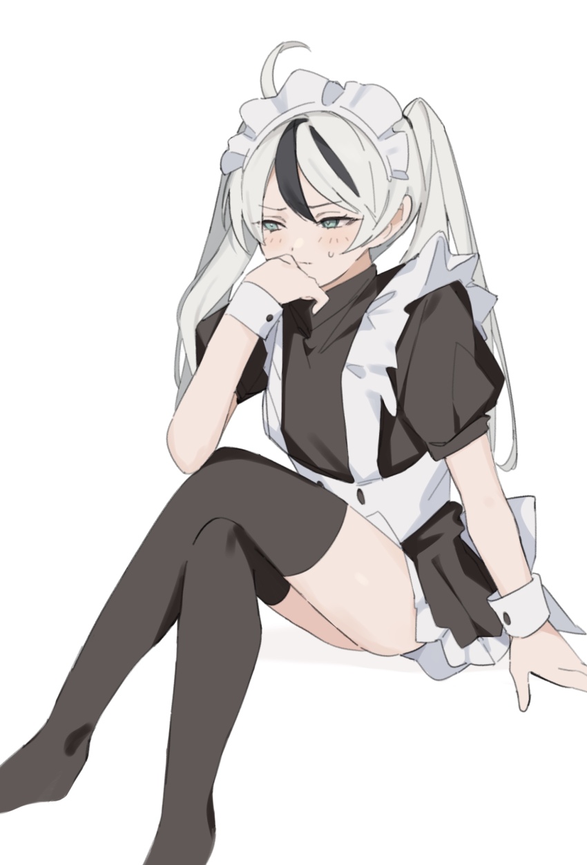 1boy, ahoge, black_dress, black_thighhighs, blue_eyes, blush, closed_mouth, crossdressing