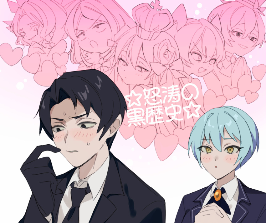 1boy, 1girl, adult_who_tells_lies_(project_moon), angela_(project_moon), black_eyes, black_gloves, black_hair, black_necktie, blue_hair, crossdressing, crown, e.g.o_(project_moon), faded_memories_(e.g.o), gloves, gold_rush_(e.g.o), hand_up, highres, imagining, in_the_name_of_love_and_hate_(e.g.o), king_of_greed, library_of_ruina, mu46016419, necktie, ozma_(project_moon), parted_lips, project_moon, queen_of_hatred, road_home_(project_moon), roland_(project_moon), short_hair, sweat, the_homing_instinct_(e.g.o), yellow_eyes