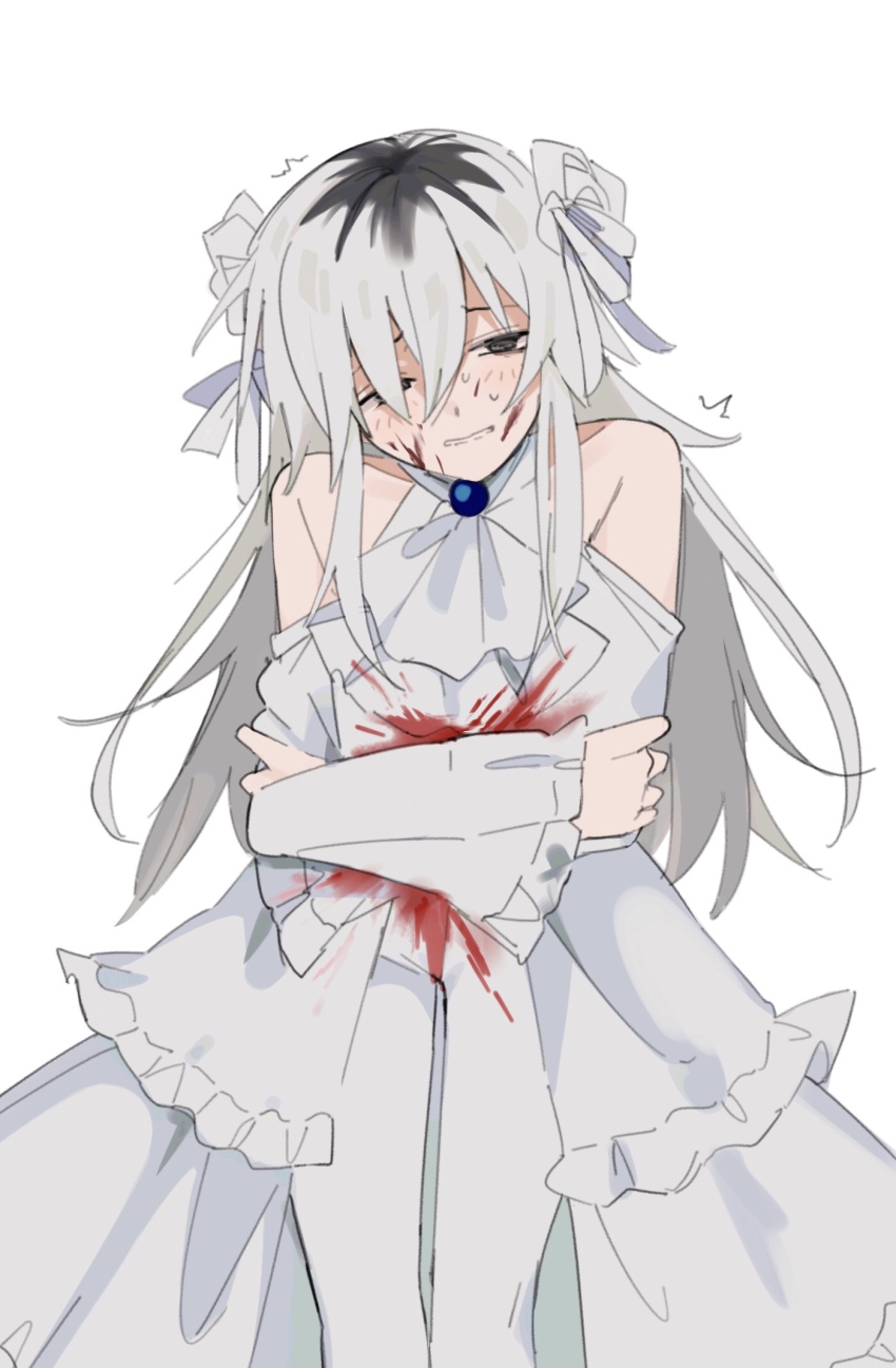 1boy, ascot, black_eyes, black_hair, blood, blood_on_clothes, blood_on_face, bodysuit