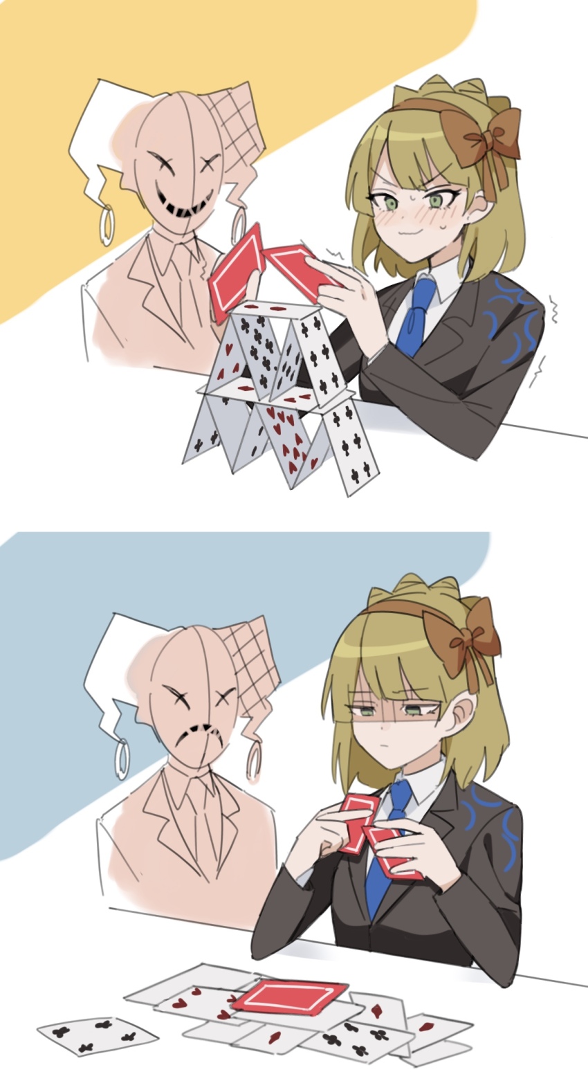 1boy, 1girl, ace_(playing_card), ace_of_diamonds, alternate_universe, black_jacket, blonde_hair, blue_necktie
