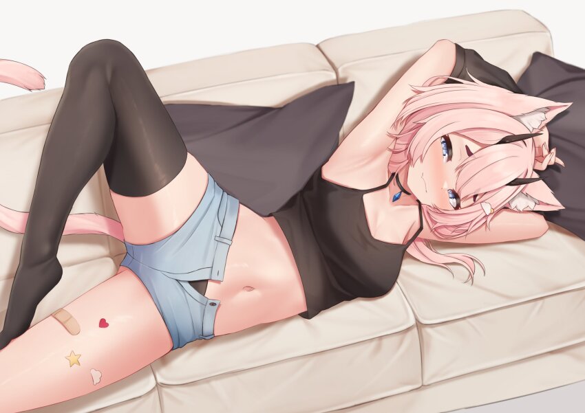1girl, armpits, bandaid, bandaid_on_leg, black_panties, black_tank_top, black_thighhighs, blue_eyes, blue_gem, breasts, cat_tail, catto_(catnaps), choker, cleavage, closed_mouth, commission, couch, fang, gem, highres, horns, indie_virtual_youtuber, jewelry, lying, medium_breasts, midriff, navel, necklace, on_couch, on_side, open_fly, panties, panty_peek, pillow, pink_fur, pink_hair, short_shorts, shorts, sleepypudding, solo, spread_legs, sticker_on_leg, tail, tank_top, thighhighs, thighs, unbuttoned, underwear, virtual_youtuber, white_background