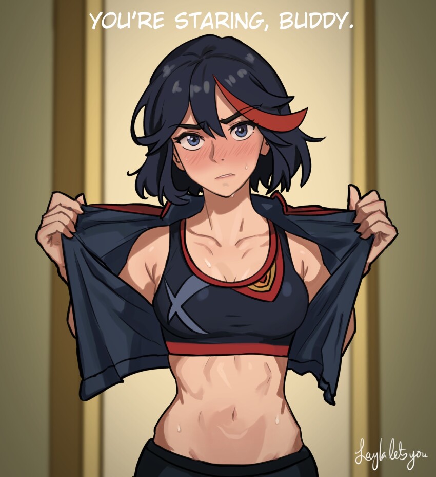 1girl, abs, ahoge, artist_name, bare_shoulders, black_hair, black_jacket, black_pants, black_sports_bra, blue_eyes, blurry, blurry_background, blush, bob_cut, breasts, cleavage, collarbone, commentary, cropped_jacket, doorway, embarrassed, english_commentary, english_text, frown, head_tilt, highres, holding, holding_sign, indoors, jacket, kill_la_kill, laylaletsyou, looking_at_viewer, matoi_ryuuko, medium_breasts, midriff, multicolored_hair, navel, nose_blush, open_clothes, open_jacket, opened_by_self, pants, parted_lips, red_hair, senketsu, short_hair, sign, solo, sports_bra, star-shaped_pupils, star_(symbol), streaked_hair, sweat, sweatpants, symbol-shaped_pupils, thick_eyebrows, tomboy, toned, two-tone_hair, upper_body, upturned_eyes, v-shaped_eyebrows, very_sweaty