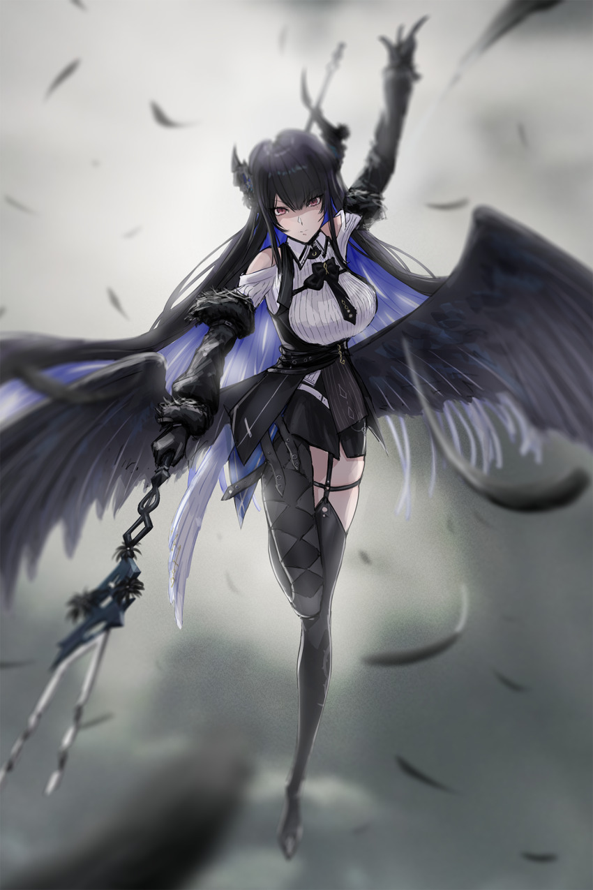 1girl, argyle_clothes, argyle_thighhighs, arm_up, ascot, asymmetrical_horns, asymmetrical_legwear, belt