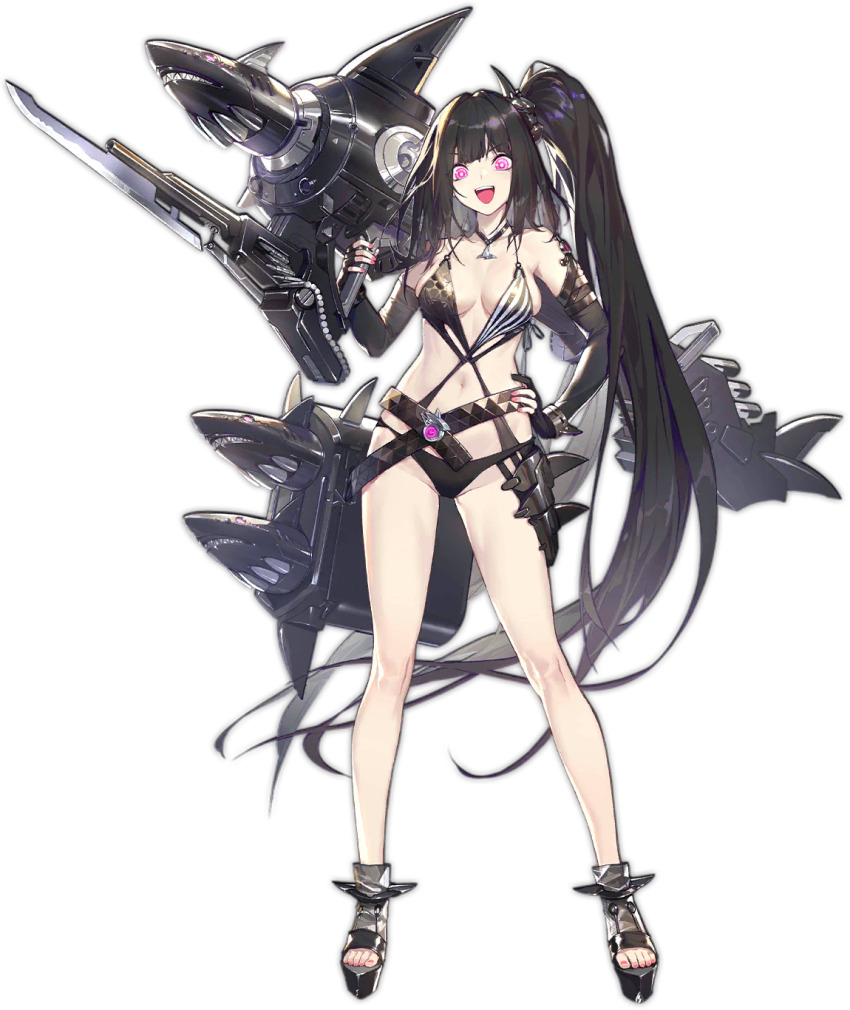 1girl, :d, architect_(girls'_frontline), architect_(nvw_model)_(girls'_frontline), architect_(type_nvw)_(girls'_frontline), asymmetrical_gloves, bare_legs, bikini, black_choker, black_gloves, black_hair, black_one-piece_swimsuit, black_shoes, breasts, bright_pupils, casual_one-piece_swimsuit, choker, elbow_gloves, fingerless_gloves, fingernails, fins, full_body, girls'_frontline, gloves, gunlance, hair_ornament, halterneck, hand_on_own_hip, highres, hip_armor, holding, holding_rocket_launcher, holding_weapon, large_breasts, long_hair, nail_polish, navel, no_socks, official_art, one-piece_swimsuit, one_side_up, open-toe_shoes, open_mouth, partially_fingerless_gloves, pink_eyes, pink_nails, platform_footwear, platform_sandals, ringed_eyes, rocket_launcher, sandals, sangvis_ferri, see-through_clothes, see-through_footwear, shark, sharp_teeth, shoes, simple_background, smile, solo, standing, swimsuit, teeth, third-party_source, toenail_polish, toenails, toes, transparent_background, upper_teeth_only, v-shaped_eyebrows, very_long_hair, weapon, xiao_qiang_sang