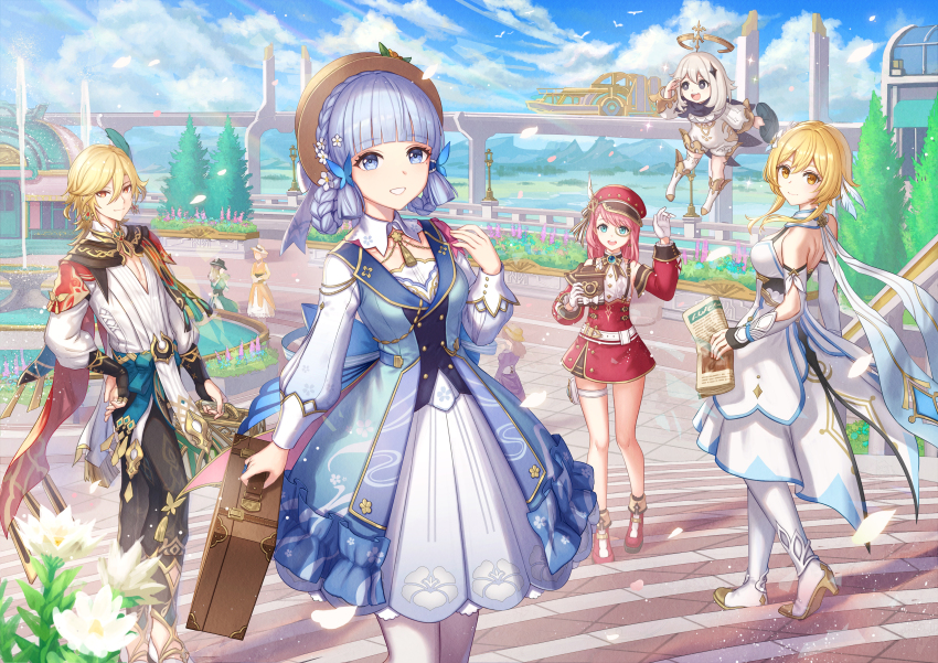 1boy, 4girls, absurdres, anbe_yoshirou, asymmetrical_sidelocks, ayaka_(genshin_impact), belt, black_scarf