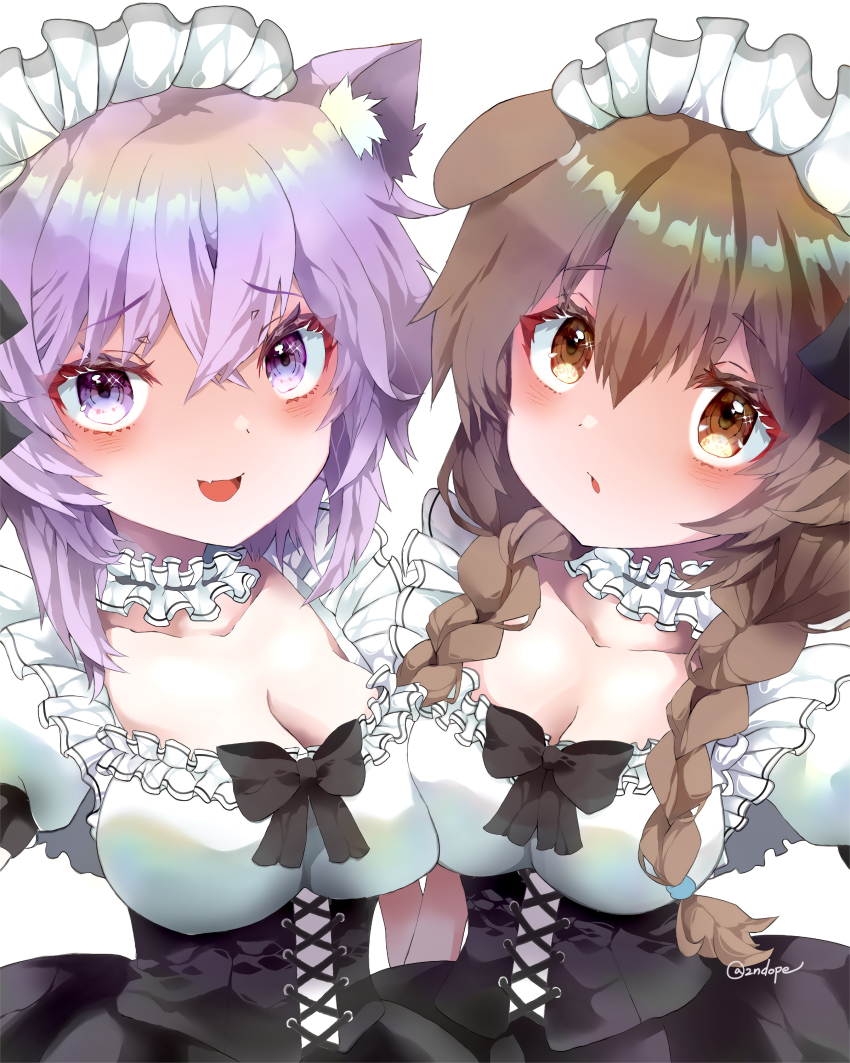 2girls, 2ndope, absurdres, animal_ear_fluff, animal_ears, black_bow, blush, bow, breasts, brown_eyes, brown_hair, cat_ears, cat_girl, cleavage, collar, dog_ears, dog_girl, frilled_collar, frilled_sleeves, frills, hair_bow, highres, hololive, inugami_korone, large_breasts, long_hair, looking_at_viewer, maid, maid_headdress, medium_hair, multiple_girls, nekomata_okayu, open_mouth, purple_hair, short_sleeves, smile, virtual_youtuber, white_collar