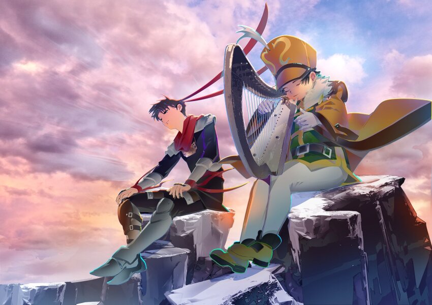 2boys, arc_(arc_the_lad), arc_the_lad, arc_the_lad_i, armor, black_hair, brown_hair, closed_eyes