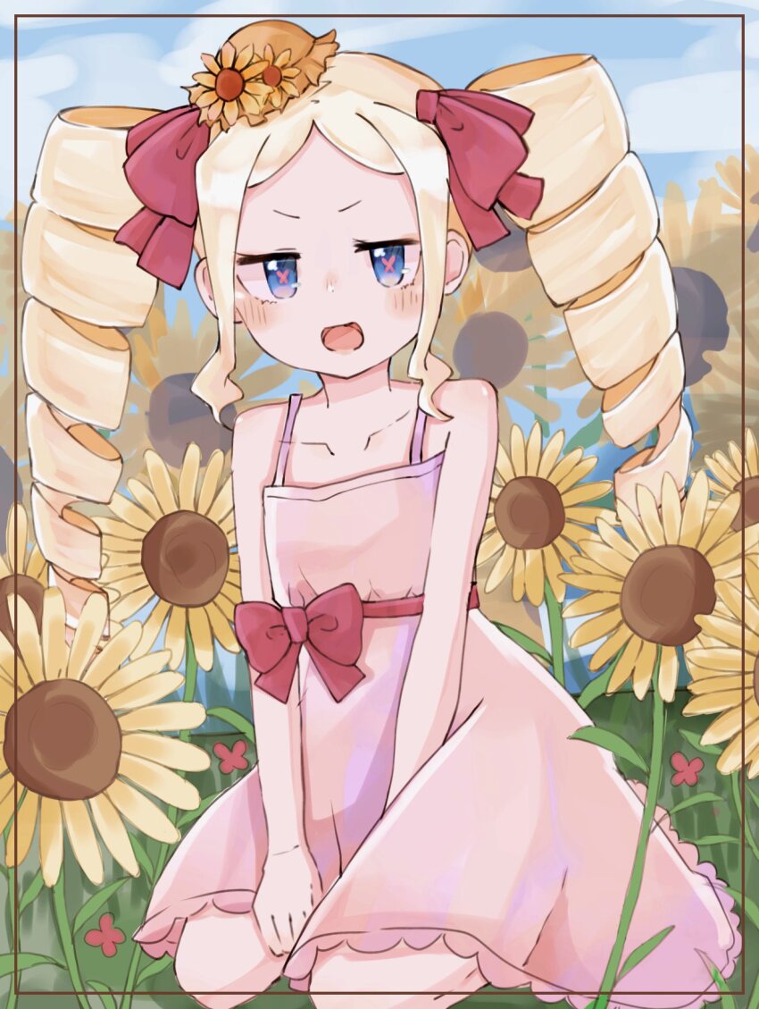 1girl, 2021, 20s, bare_shoulders, beatrice_(re:zero), blonde_hair, blue_eyes, blush, bow, butterfly-shaped_pupils, child, collarbone, day, dress, drill_hair, female_focus, flower, full_body, hair_bow, hair_ornament, hat, highres, kneeling, long_hair, looking_at_viewer, mini_hat, mugi062, open_mouth, outdoors, pink_dress, re:zero_kara_hajimeru_isekai_seikatsu, sky, solo, sunflower, symbol-shaped_pupils, twin_drills, unusual_pupils