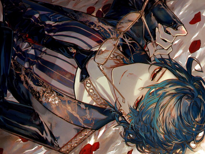 1boy, absurdres, albino_(a1b1n0623), bishounen, black_jacket, black_necktie, black_star_-theater_starless-, blue_hair, chain, character_request, closed_mouth, earrings, fingerless_gloves, fingernails, glasses, gloves, highres, holding, holding_removed_eyewear, jacket, jewelry, long_sleeves, lying, male_focus, necktie, on_back, petals, red_eyes, rose_petals, shirt, short_hair, smile, solo, striped_clothes, striped_shirt, tie_clip, unworn_eyewear, vertical-striped_clothes, vertical-striped_shirt