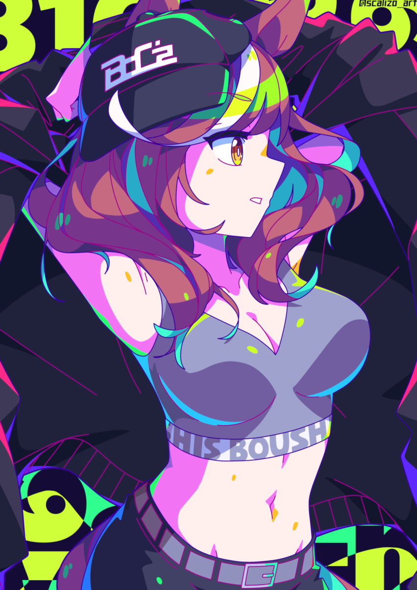 1girl, animal_ears, armpits, arms_up, baseball_cap, belt, black_hat, black_jacket