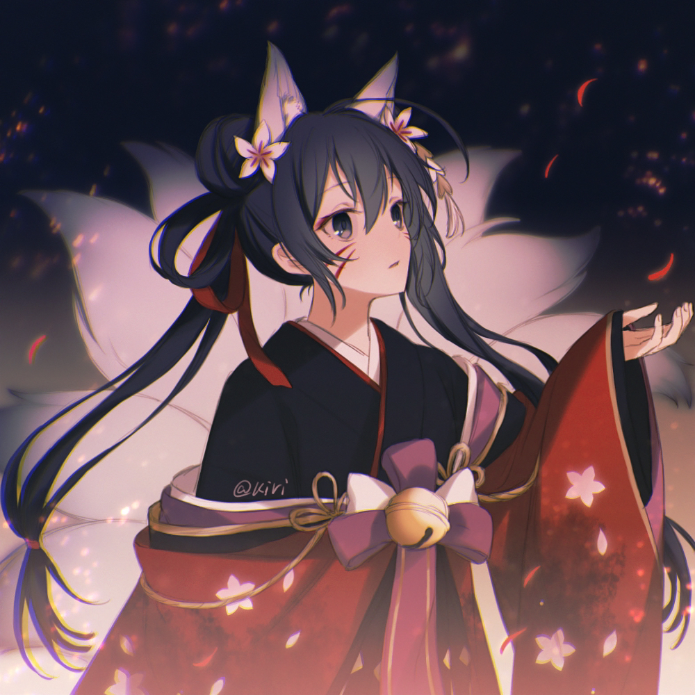 1girl, animal_ear_fluff, animal_ears, bell, black_background, black_eyes, black_hair, black_kimono