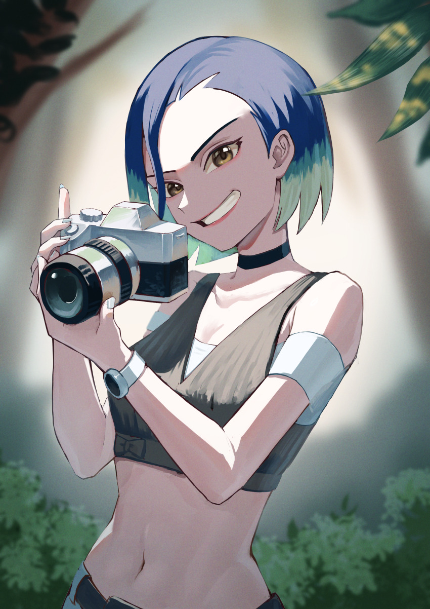 1girl, absurdres, bare_shoulders, belt, blue_hair, breasts, brown_eyes, camera, choker, cleavage, clenched_hands, clenched_teeth, collarbone, crop_top, day, denim, eyelashes, female_focus, fingernails, forest, gradient_hair, grin, hair_over_one_eye, hands_up, highres, holding, holding_camera, huge_filesize, jeans, lips, long_fingernails, looking_afar, magurosamm, medium_breasts, medium_hair, midriff, multicolored_hair, nature, navel, neck, nintendo, outdoors, pants, parted_bangs, parted_lips, perrin_(pokemon), pokemon, pokemon_scarlet_and_violet, shirt, sleeveless, sleeveless_shirt, smile, smug, standing, teeth, two-tone_hair, upper_body, watch, wristwatch