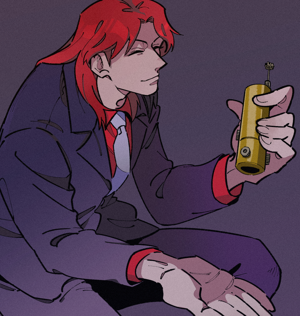 1boy, closed_eyes, closed_mouth, feet_out_of_frame, fingernail_torture_device, fingernails, formal_clothes, grey_background