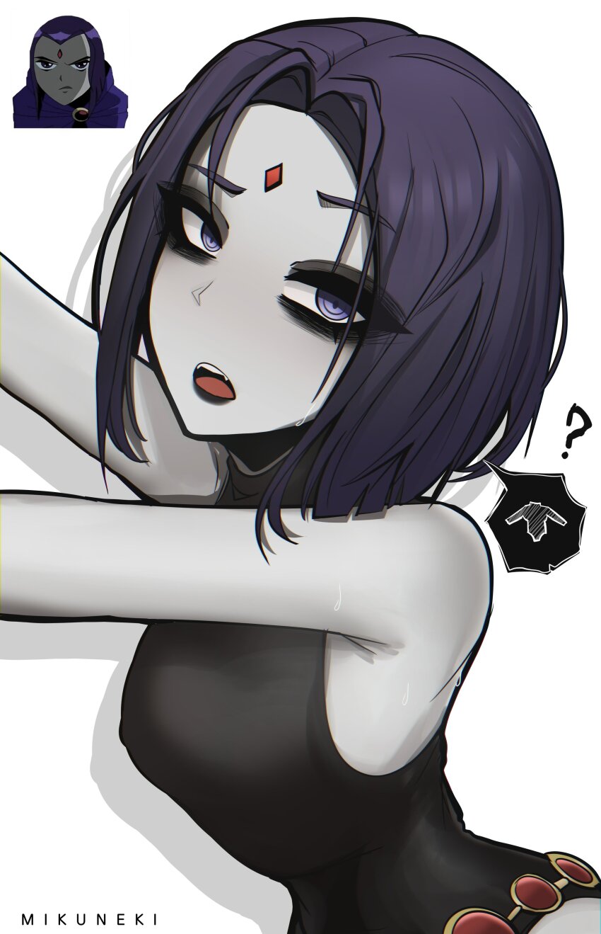 1girl, ?, absurdres, armpit_crease, armpits, artist_name, black_eyeshadow, black_leotard