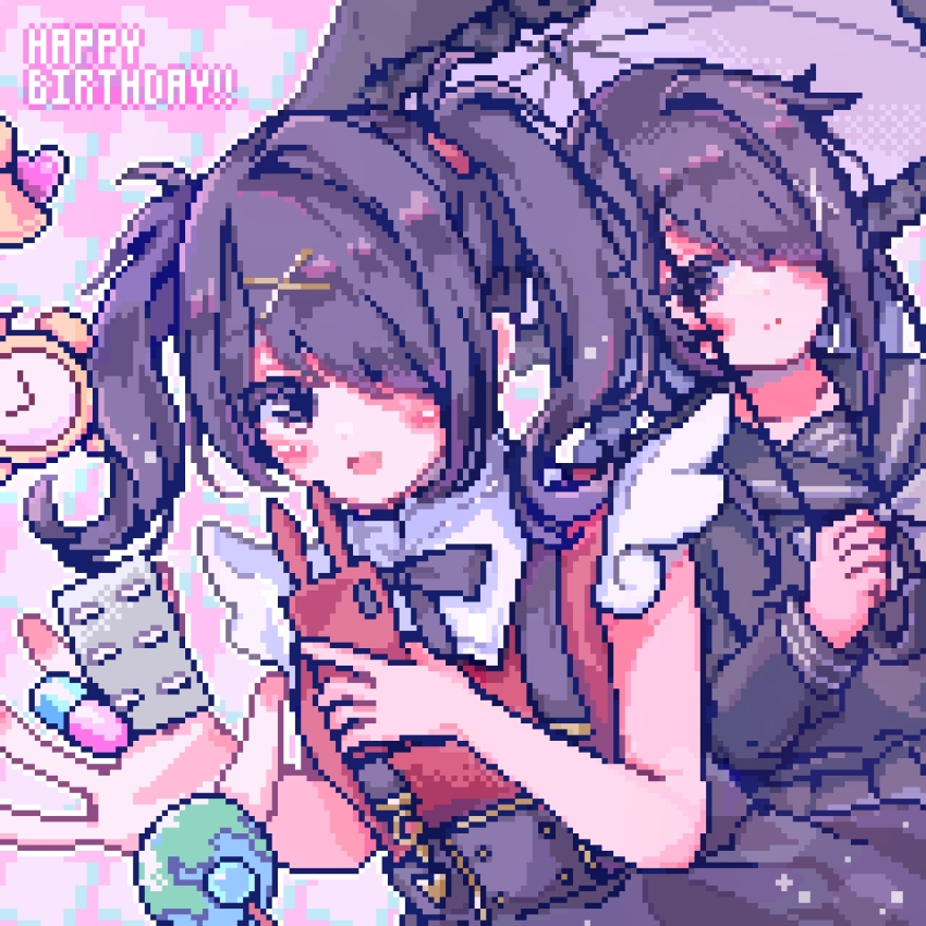 2girls, :d, alarm_clock, ame-chan_(needy_girl_overdose), ame-chan_(school_uniform)_(needy_girl_overdose), black_eyes, black_hair, black_ribbon