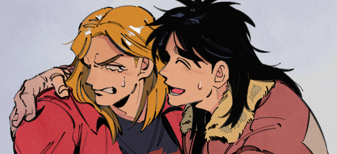 2boys, black_eyes, black_hair, black_shirt, blonde_hair, bomber_jacket, brown_jacket, closed_eyes