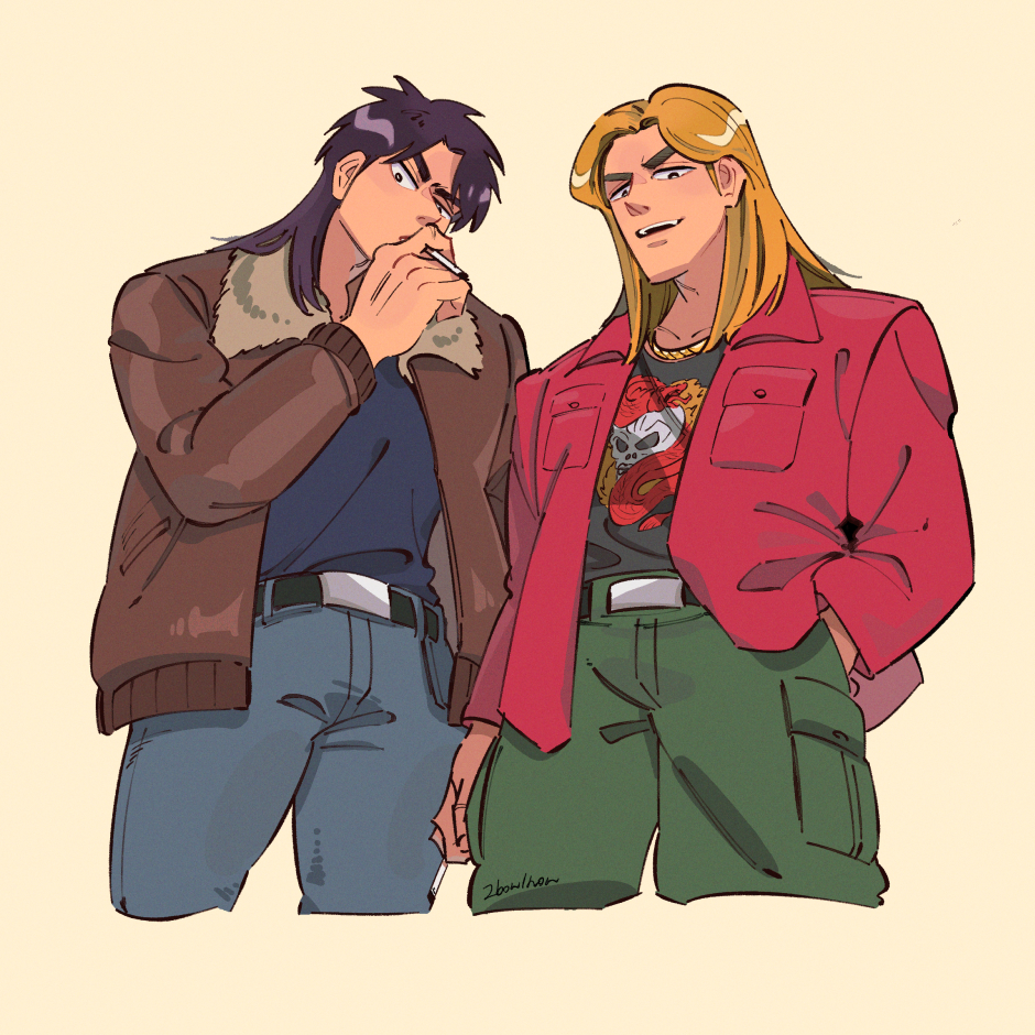 2boys, belt, black_belt, black_eyes, black_hair, black_shirt, blonde_hair, bomber_jacket