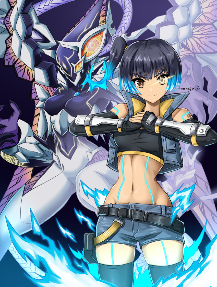 1girl, absurdres, black_hair, blue_hair, brown_eyes, fgsketch, fingerless_gloves, gloves