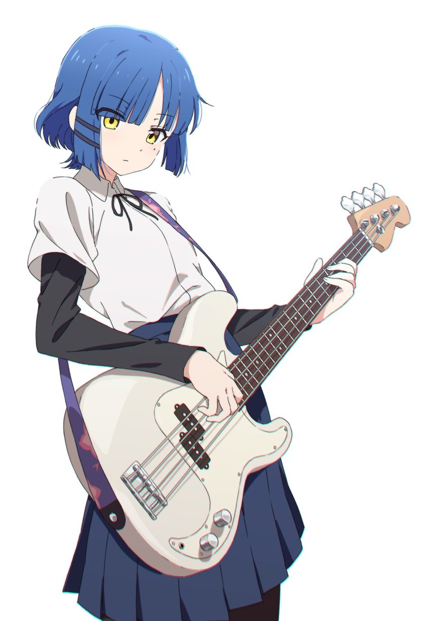 1girl, bass_guitar, black_ribbon, black_shirt, blue_hair, blue_skirt, blunt_bangs, bocchi_the_rock!