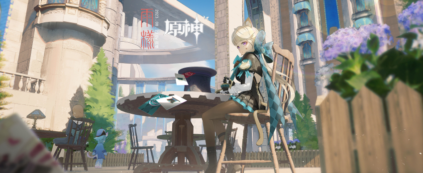 1girl, absurdres, animal_ear_fluff, animal_ears, aqua_bow, blonde_hair, blurry, blurry_foreground