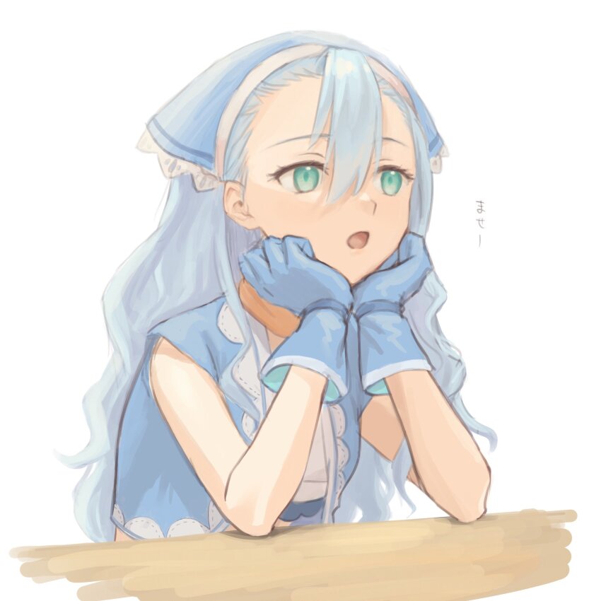 1girl, blue_gloves, blue_hair, blue_headscarf, blue_headwear, blue_jacket, bored, commentary_request, gloves, green_eyes, hair_between_eyes, hands_on_own_chin, hands_up, head_rest, headscarf, highres, jacket, karin_(rune_factory), long_hair, open_mouth, rune_factory, rune_factory_3, simple_background, sleeveless, solo, tanabe_rf, translation_request, upper_body, wavy_hair, white_background