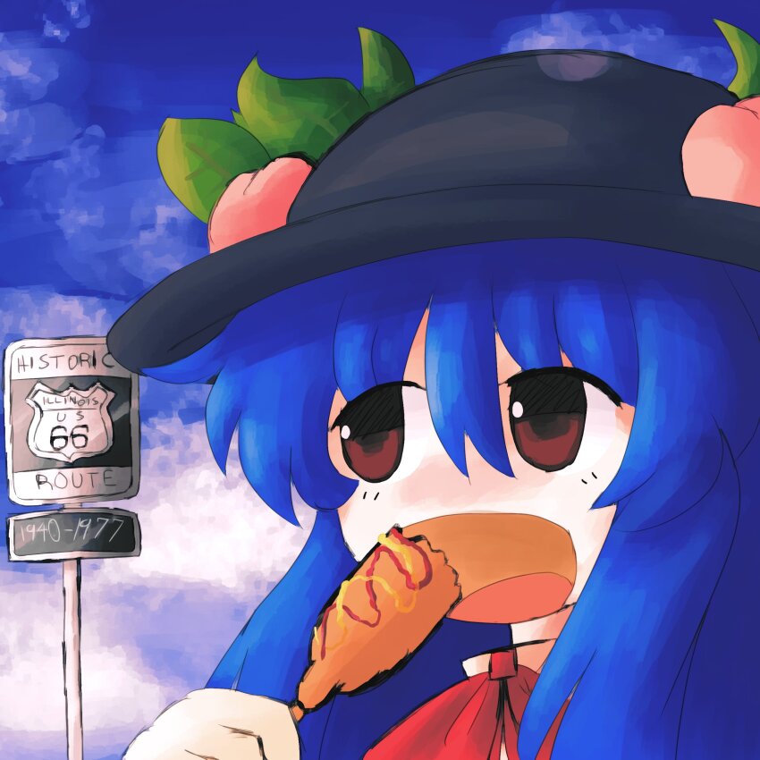 1girl, :d, absurdres, black_hat, blue_hair, blue_sky, bow, bowtie