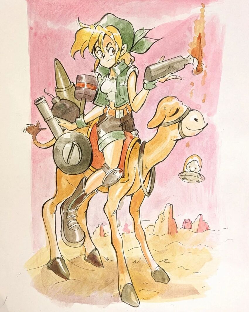 1girl, albertov, blonde_hair, bomb, boots, camel, explosive, headband