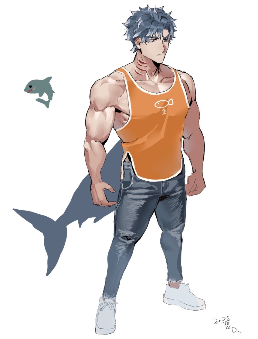 003_ssq, 1boy, animal_print, bad_id, bad_twitter_id, bara, denim, expressionless