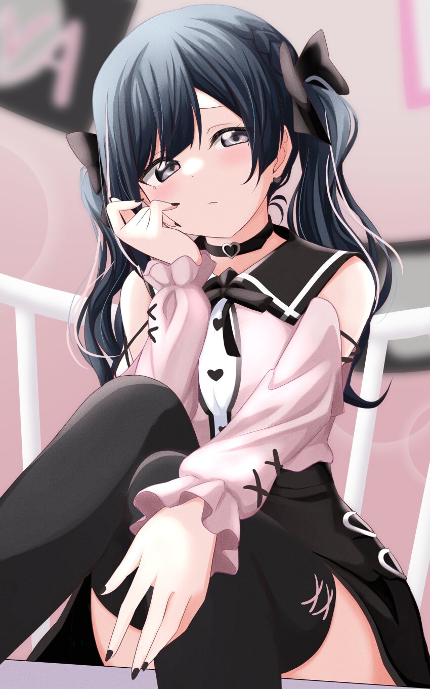 1girl, absurdres, alternate_hairstyle, arm_support, black_choker, black_hair, black_nails, black_ribbon