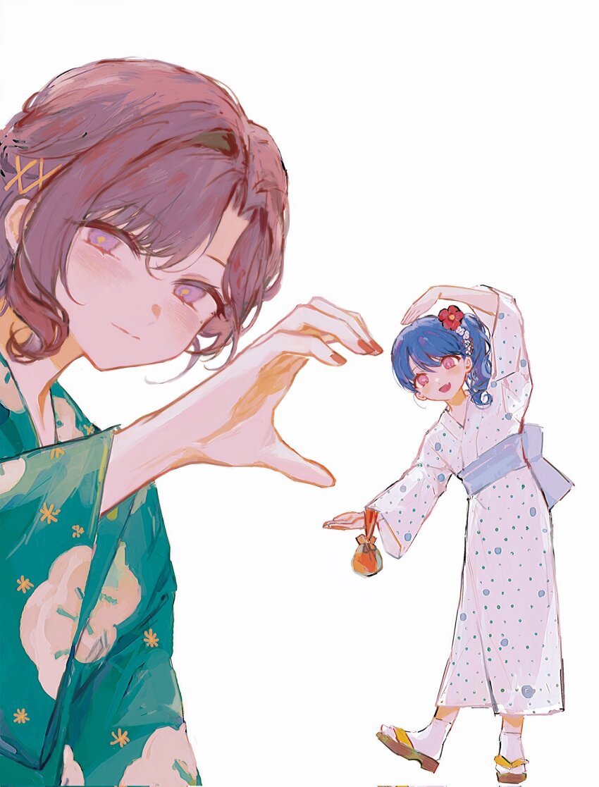 2girls, blue_hair, blush, brown_hair, dark_blue_hair, fang, fingernails, flower