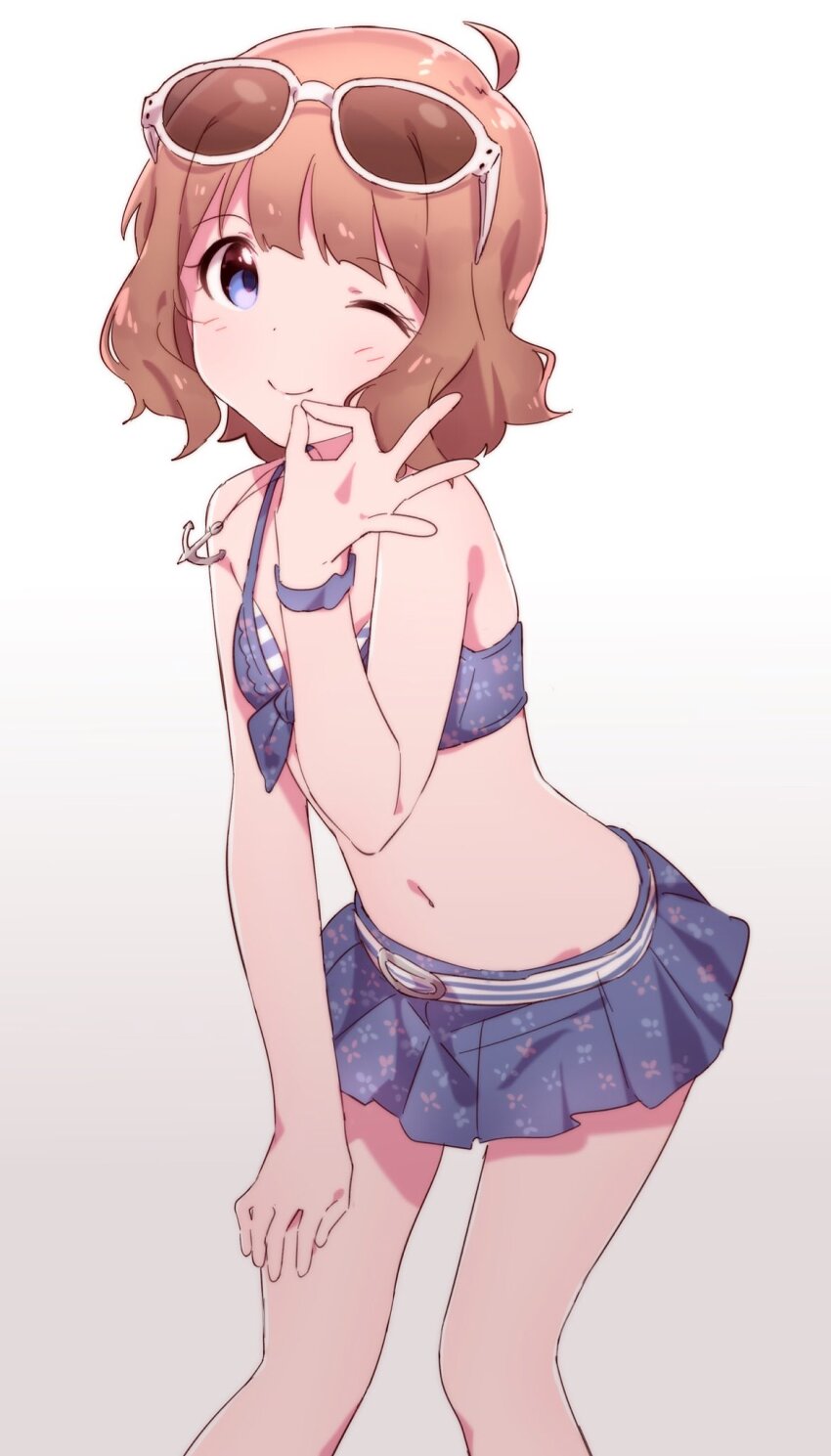 1girl, ahoge, anchor_necklace, arm_support, bare_shoulders, bikini, blue_eyes, blush