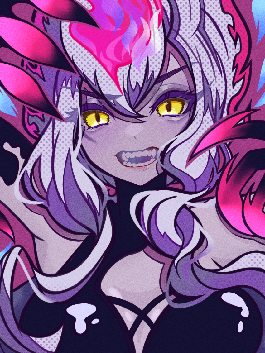 1girl, absurdres, arms_up, breasts, claw_(weapon), colored_skin, demon, evelynn_(league_of_legends)