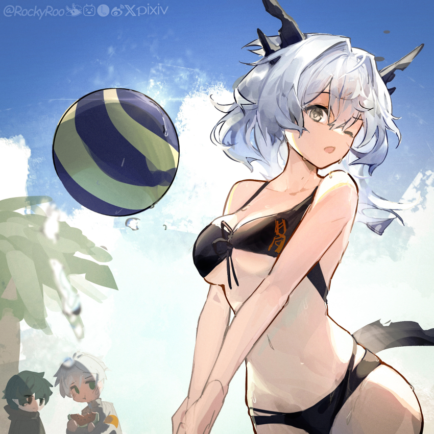 1girl, 2boys, ;o, arknights, artist_name, beach_volleyball, bikini, bilibili_logo