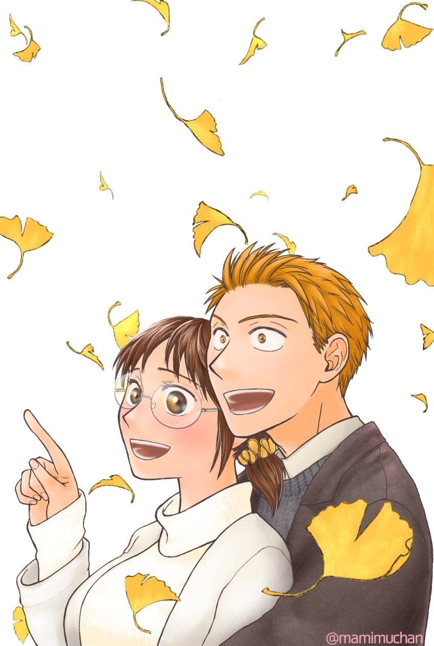 1boy, 1girl, :d, artist_name, ase_to_sekken, black_coat, brown_eyes, brown_hair