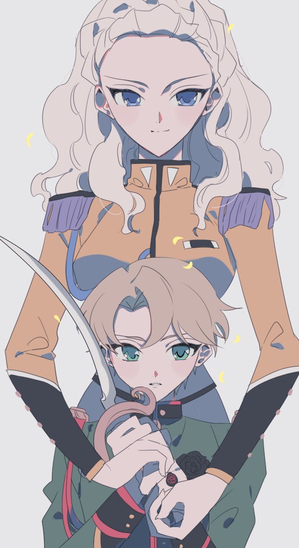 1boy, 1girl, black_flower, black_rose, blonde_hair, blue_eyes, braid, breasts