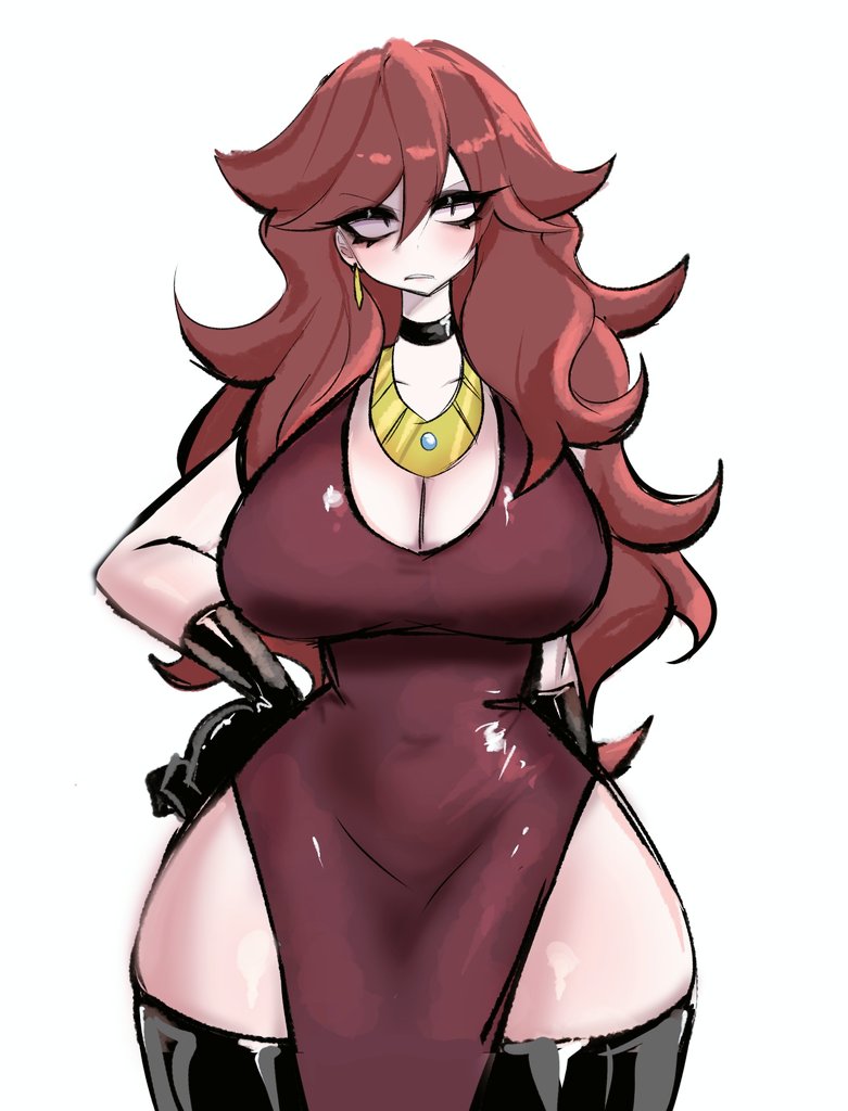 annoyed, black_eyes, breasts, brown_dress, brown_hair, carmen_(spooky_month), choker, cleavage, cocktail_dress, dress, earrings, eyeshadow, gloves, hand_on_own_hip, jewelry, large_breasts, long_hair, looking_at_viewer, makeup, messy_hair, necklace, side_slit, spooky_month, thick_thighs, thighhighs, thighs, usa37107692, very_long_hair, wide_hips