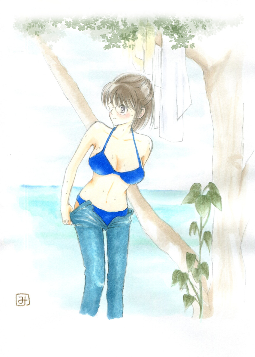 1girl, absurdres, ase_to_sekken, bikini, blue_bikini, blush, breasts, brown_hair