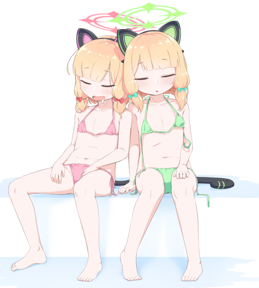 2girls, animal_ear_headphones, animal_ears, bare_arms, bare_legs, bare_shoulders, barefoot, bikini, blonde_hair, blue_archive, blunt_bangs, blush, bow, cat_ear_headphones, cat_ears, closed_eyes, closed_mouth, collarbone, drooling, fake_animal_ears, fake_tail, feet, female_focus, flat_chest, full_body, green_halo, hair_bow, hair_ornament, halo, headphones, highres, keven_(ewdx3754), loli, low-tied_sidelocks, micro_bikini, midori_(blue_archive), momoi_(blue_archive), multiple_girls, open_mouth, pink_halo, siblings, sidelocks, simple_background, sisters, sitting, sleeping, smile, swimsuit, tail, twins, twintails, white_background