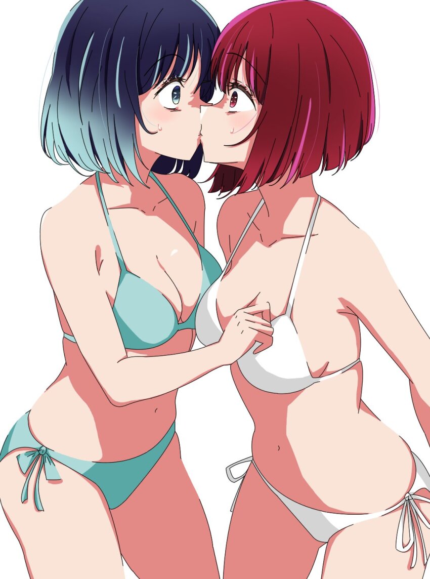 2girls, arima_kana, bare_arms, bare_shoulders, bikini, blue_bikini, blue_eyes, blush, bob_cut, breasts, highres, inverted_bob, kiss, kurokawa_akane, kusana_(kusana47454281), looking_at_another, medium_breasts, medium_hair, multiple_girls, navel, oshi_no_ko, red_eyes, red_hair, simple_background, swimsuit, white_background, white_bikini, yuri